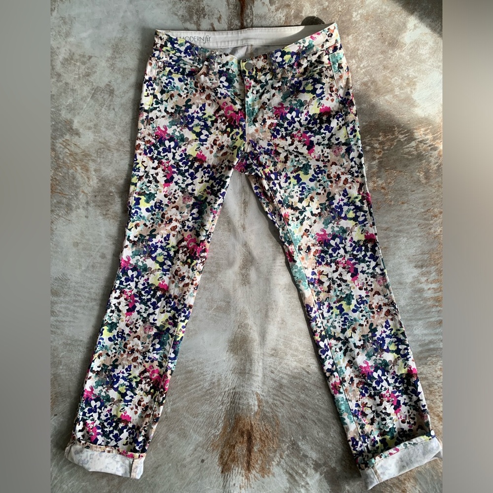 mid rise pants with a cool, multicoloured, abstract floral(ish) pattern.